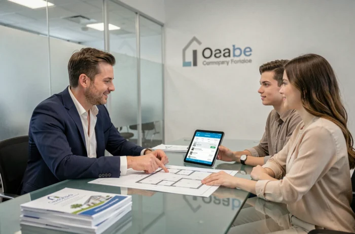 Agent immobilier présentant des biens à des clients grâce à une plateforme numérique en agence