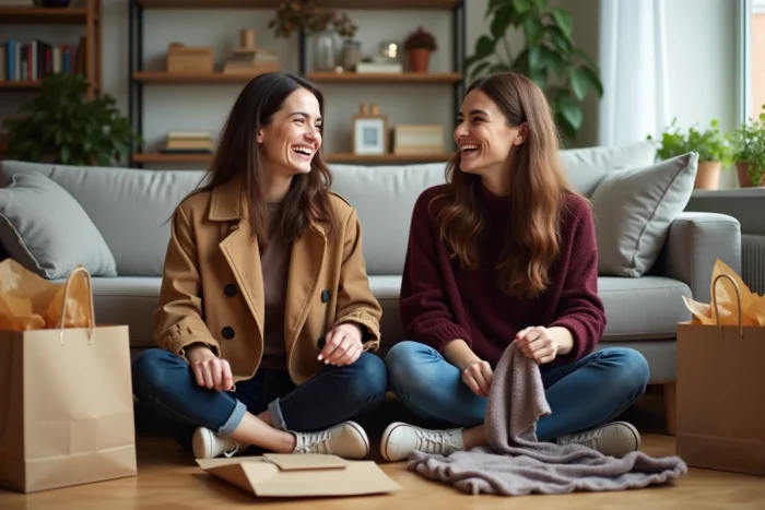 Deux amies découvrant leurs achats mode tendance entourées de sacs shopping dans un appartement cosy