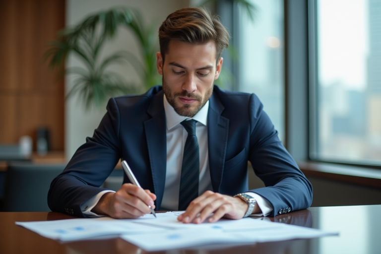 Athlète homme en costume navy dans un bureau moderne