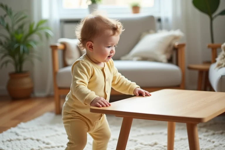 Bébé de 16 mois se relevant contre une table basse en bois dans un salon scandinave, illustrant la marche tardive chez les nourrissons