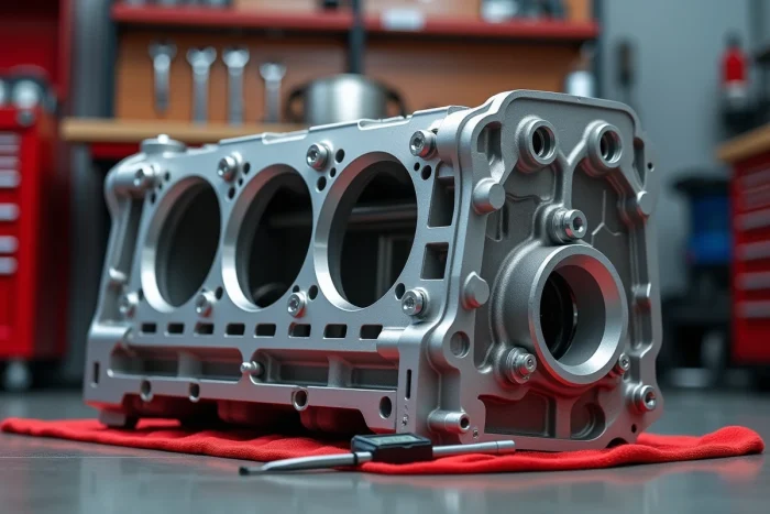Bloc moteur forgé en aluminium avec outils de mesure de précision dans un atelier automobile professionnel