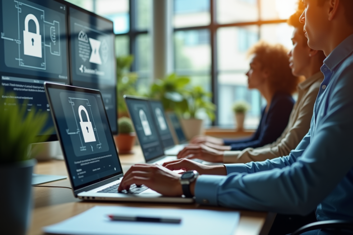 Bureaux modernes ouverts avec professionnels au clavier