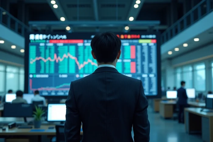 Cadre japonais devant un tableau de données financières dans une salle de trading moderne à Tokyo