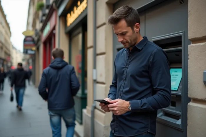 Homme devant un distributeur automatique avec une carte Nickel refusée lors d'un retrait