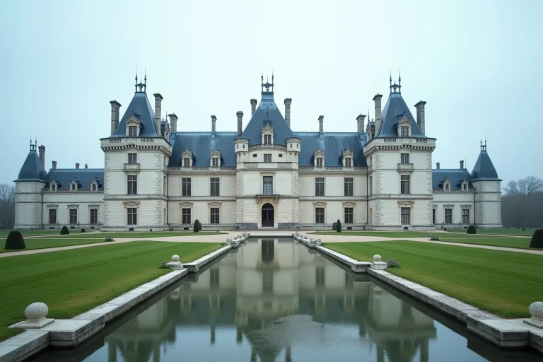 Vue panoramique du château de Chambord depuis les jardins à la française avec ses tours Renaissance et ses cheminées ornementales