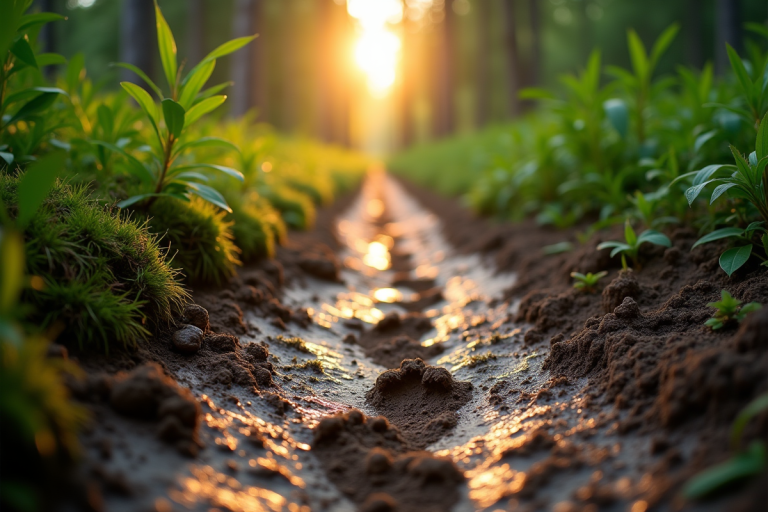 Sentier forestier boueux au lever du soleil avec traces d'animaux