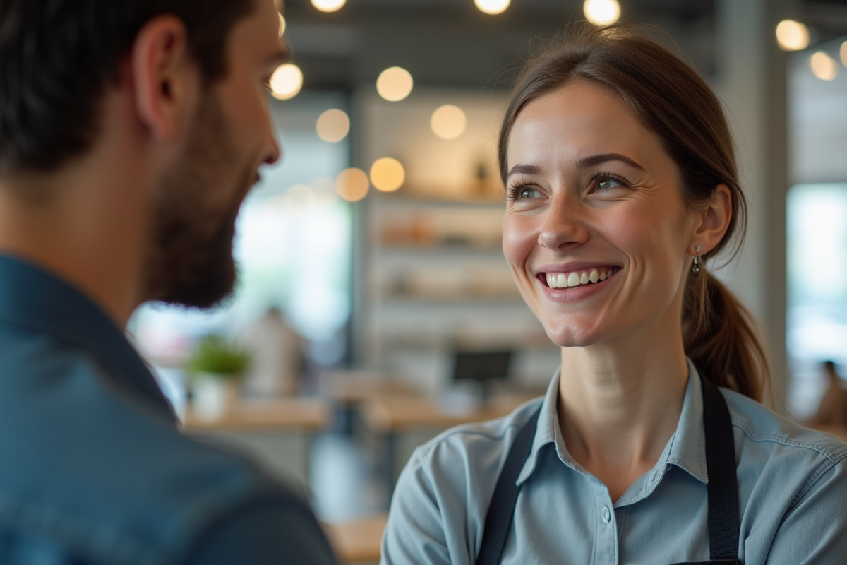 Client donnant son avis à un employé souriant en magasin