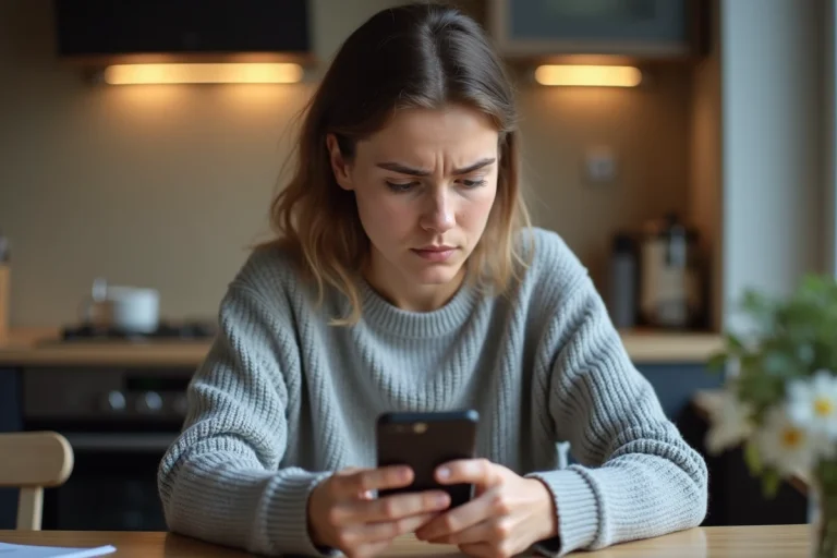 Femme tenant une carte bancaire Nickel avec un smartphone affichant un message d'erreur de compte bloqué
