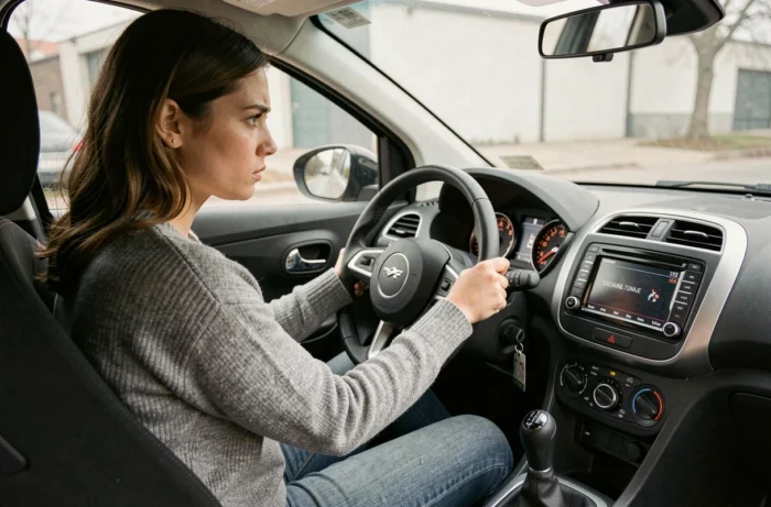 Conductrice observant les voyants du tableau de bord de sa Peugeot 208 avec attention