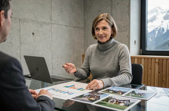 Conseillère financière présentant des données sur le marché immobilier suisse à un client dans une salle de réunion bancaire alpine