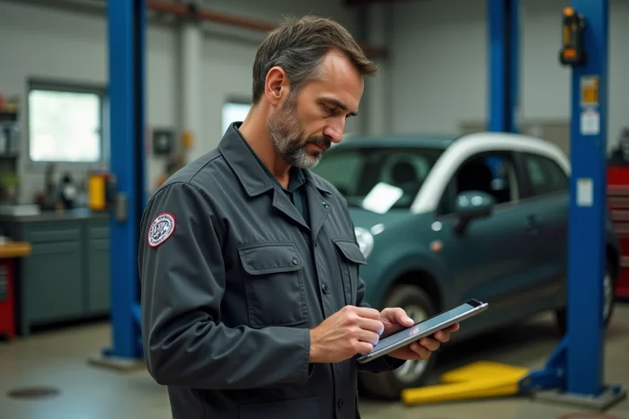 Mécanicien consultant un formulaire de contrôle technique en ligne sur une tablette dans un garage automobile