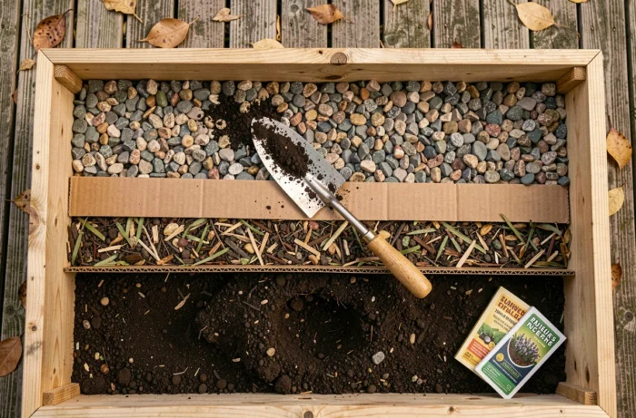 Vue de dessus des couches de compost, gravier et terreau à l'intérieur d'un carré potager surélevé en bois
