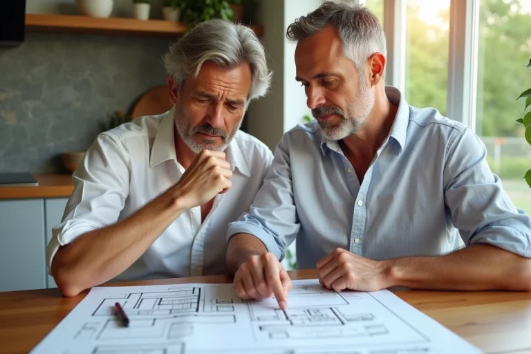 Couple français examine des plans de piscine dans la cuisine
