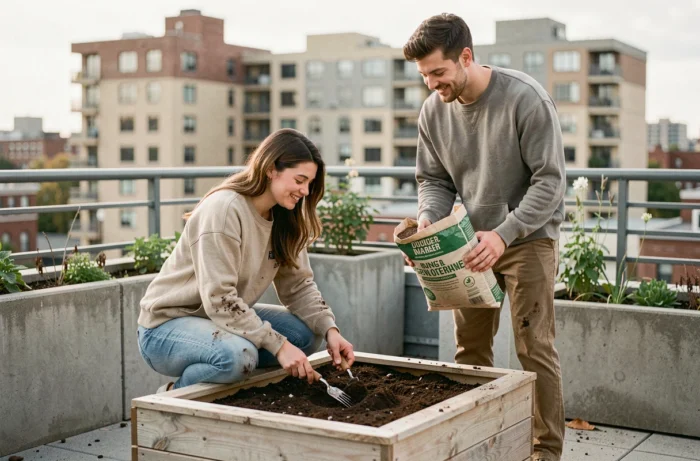 Couple préparant ensemble un carré potager surélevé sur une terrasse urbaine avec vue sur la ville