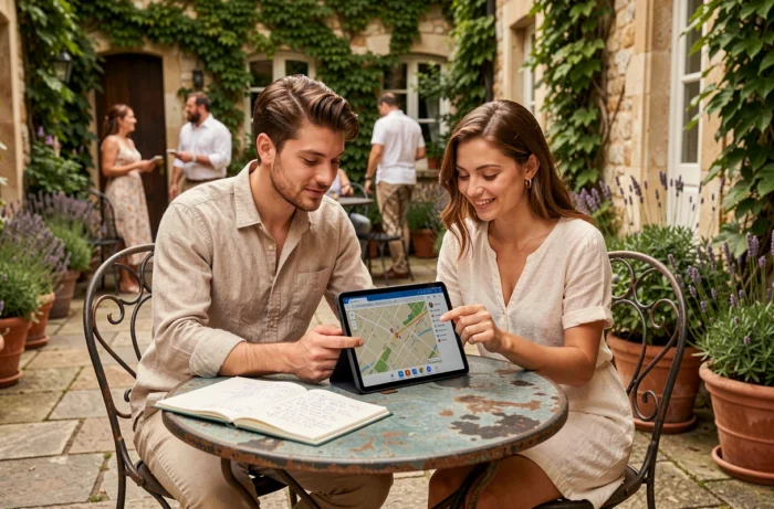 Couple consultant un plan de site de mariage numérique sur tablette dans un jardin provençal