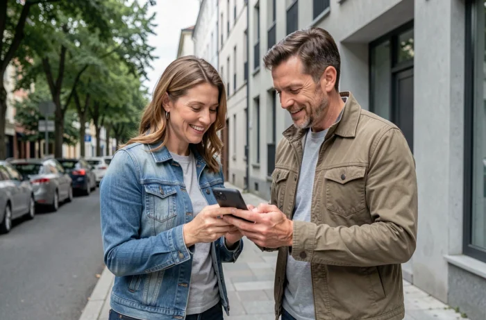 Couple consultant une annonce immobilière sur smartphone devant un immeuble résidentiel en ville