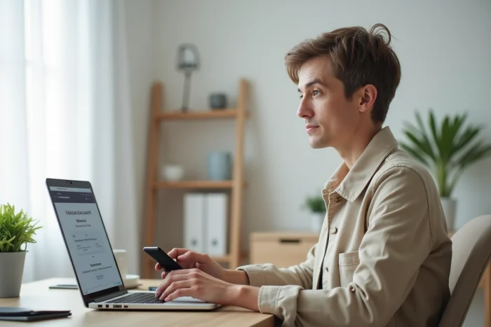 Personne consultant son compte Nickel bloqué sur un ordinateur portable avec un téléphone en main