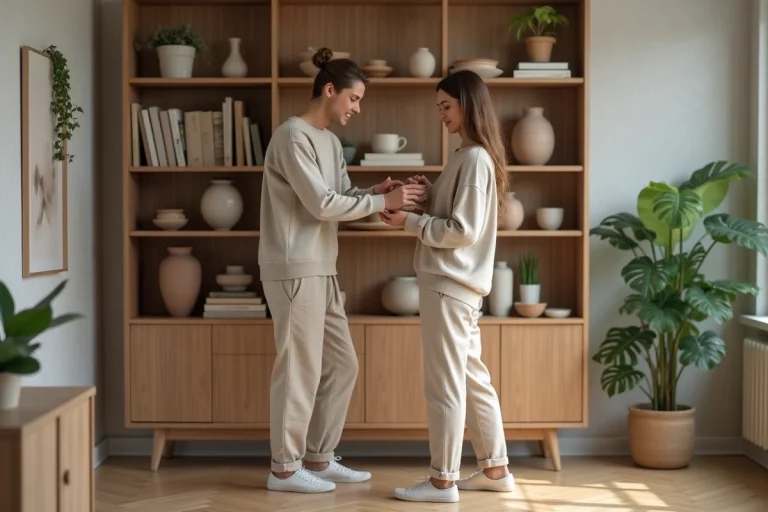 Femme arrangeant des vases en céramique dans un salon moderne