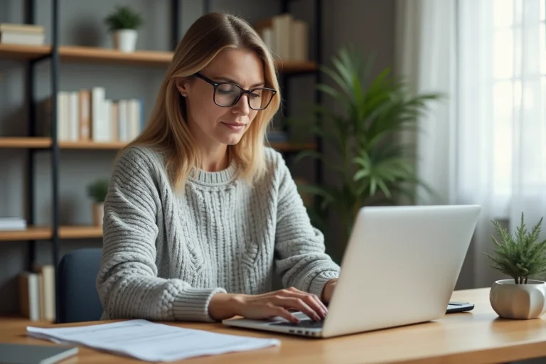 Femme réalisant ses démarches d'assurance en ligne sur un ordinateur portable dans un bureau à domicile organisé