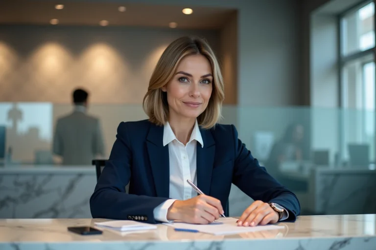 Femme professionnelle déposant de l'argent sur un compte American Express dans une agence bancaire moderne