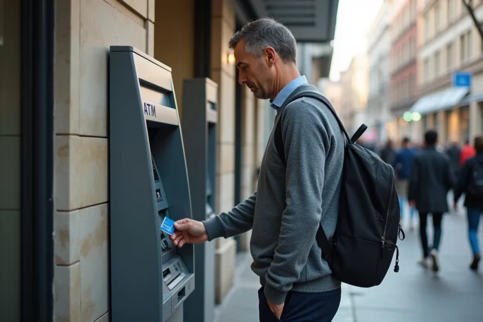 Homme effectuant un dépôt d'espèces à un distributeur automatique avec une carte American Express en ville