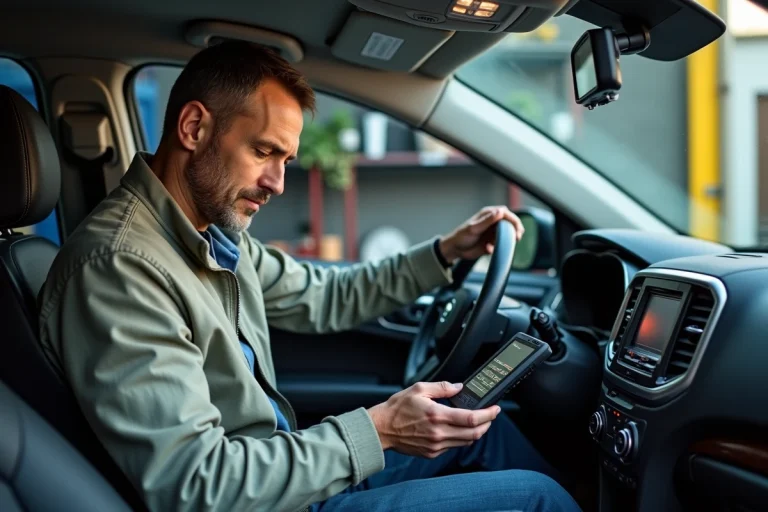 Homme connectant un appareil diagnostic dans un garage