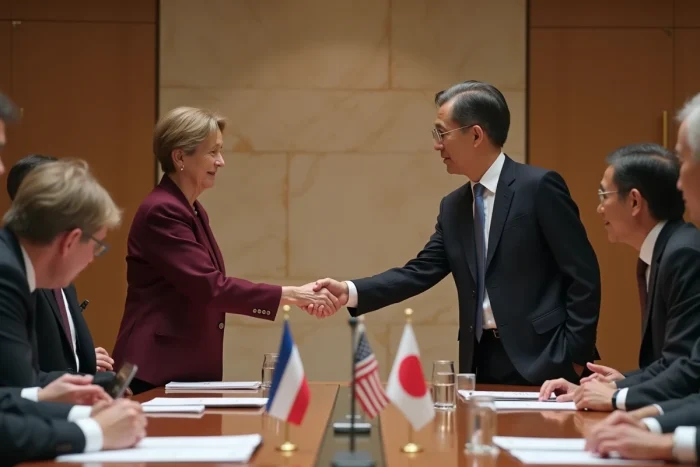 Diplomates français et japonais se serrant la main lors d'un sommet économique international autour de rapports financiers