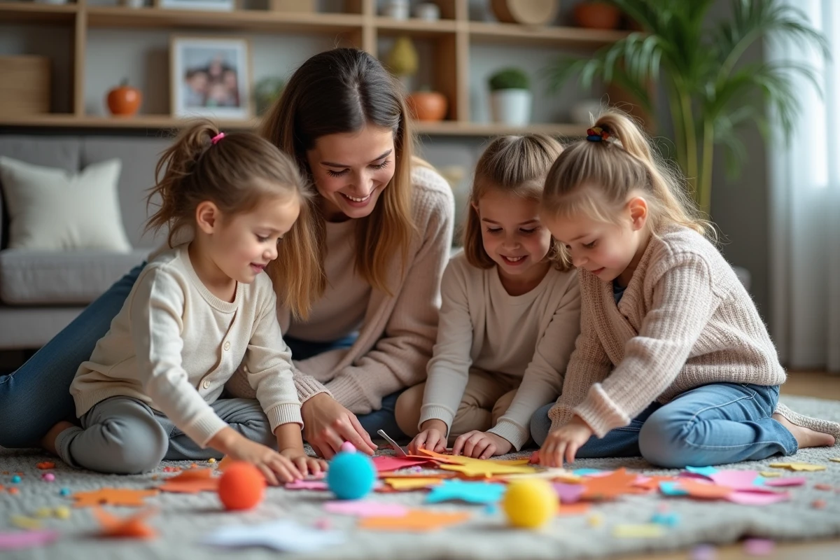 Enfants et mère créant des décorations en papier dans le salon
