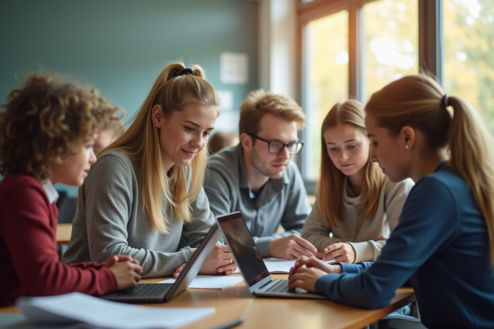Groupe d'enseignants collaborant avec des outils numériques dans une classe lumineuse