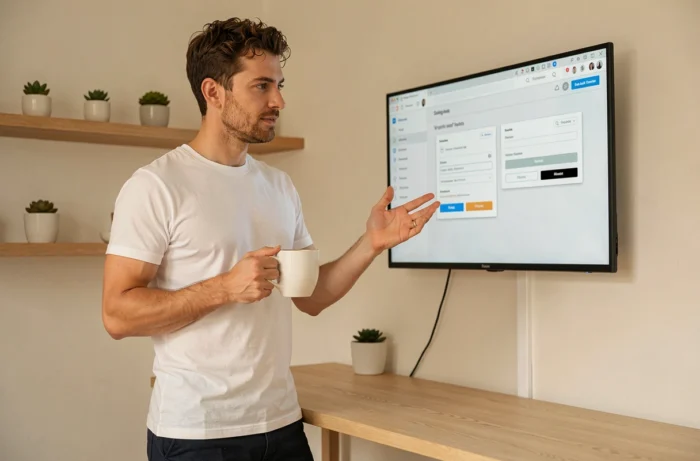 Entrepreneur en télétravail évaluant une plateforme numérique pour soutenir la croissance de son entreprise depuis un bureau à domicile