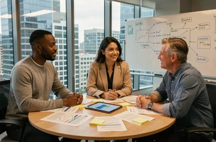 Équipe professionnelle en réunion pour choisir la meilleure plateforme de gestion et de croissance d'entreprise