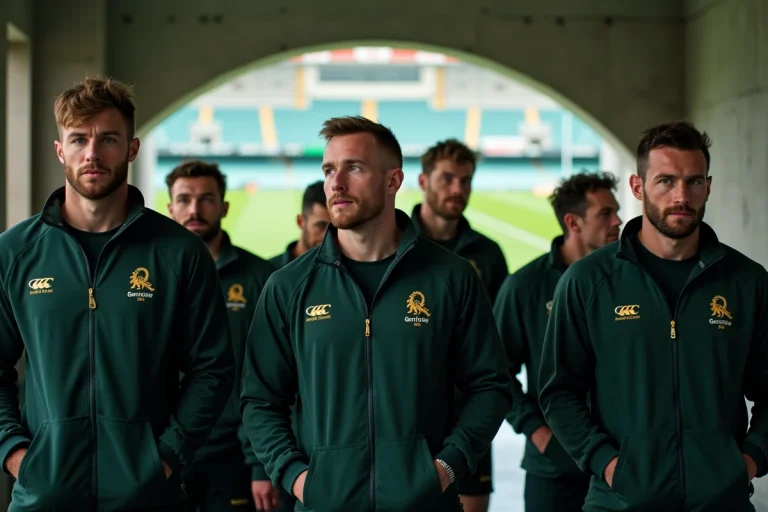 Groupe de joueurs de rugby en tunnel extérieur
