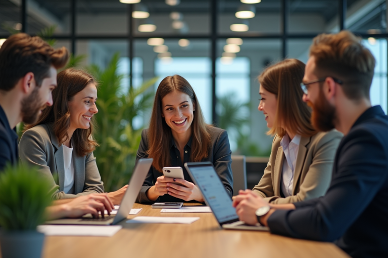 Groupe de professionnels en discussion dans un bureau moderne