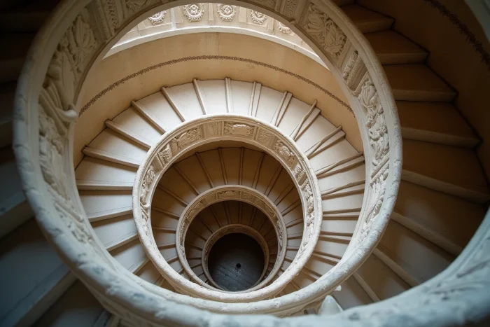 Escalier à double révolution en pierre sculptée à l'intérieur du château de Chambord, chef-d'œuvre architectural de la Renaissance française