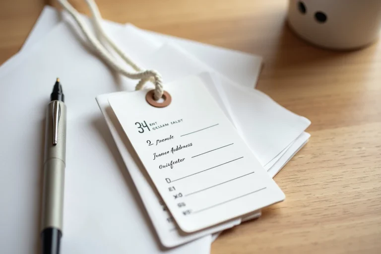 Étiquette valise minimaliste imprimée en PDF posée sur un bureau en bois avec un stylo et une feuille A4