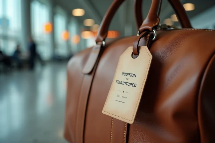 Étiquette valise imprimée en PDF accrochée à un sac en cuir dans un terminal d'aéroport