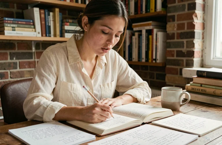 Jeune femme étudiant les connecteurs logiques français dans un carnet annoté sur un bureau en bois