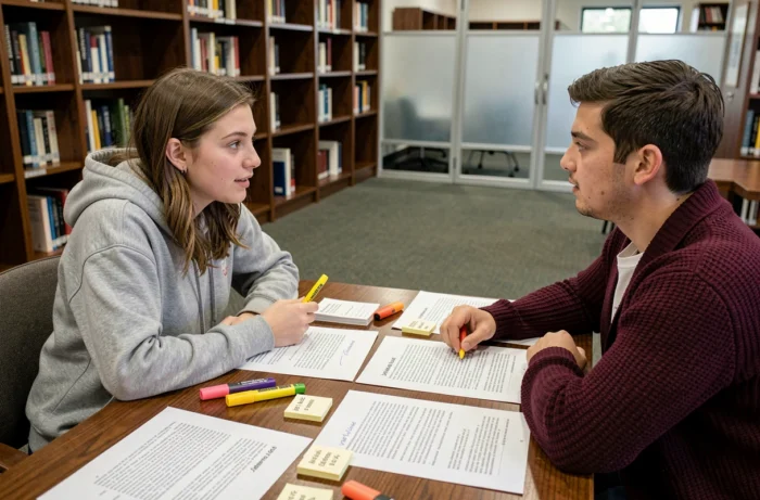 Deux étudiants révisant ensemble des connecteurs logiques français avec des essais annotés dans une bibliothèque