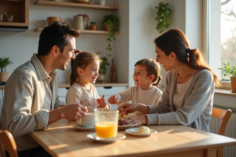 Famille souriante partageant le petit déjeuner dans une cuisine lumineuse