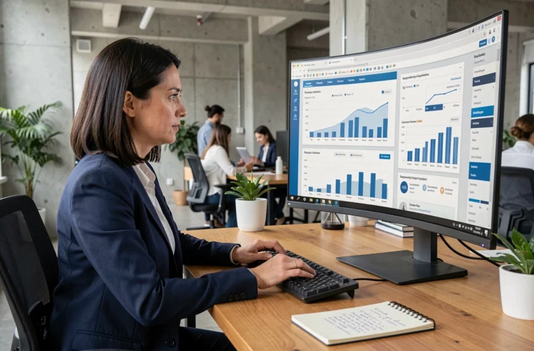 Femme d'affaires comparant des plateformes numériques sur un écran d'ordinateur pour accompagner la croissance de son entreprise