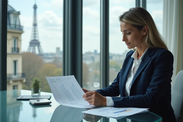 Femme d'affaires française analysant des données économiques dans un bureau parisien avec vue sur la tour Eiffel