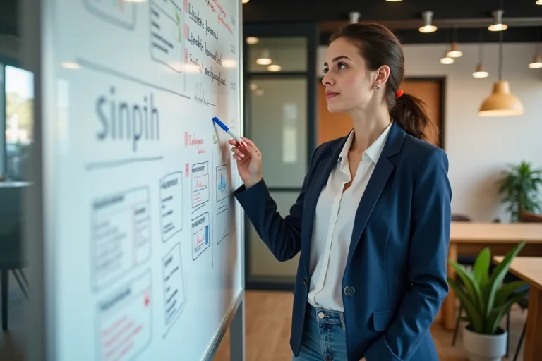 Jeune femme en réunion avec tableau blanc et graphiques