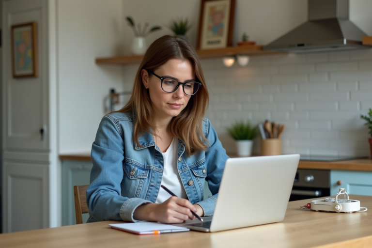Femme concentrée travaillant à la maison avec décor parisien