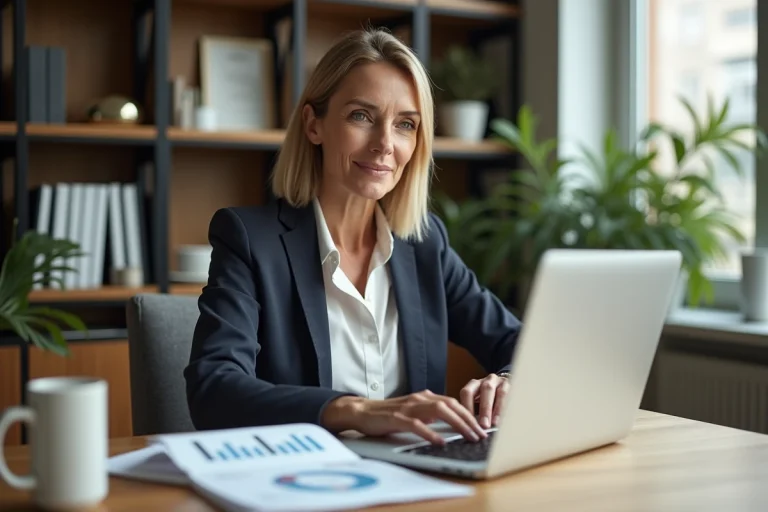 Femme d'affaires dans un bureau moderne en train d'étudier des documents