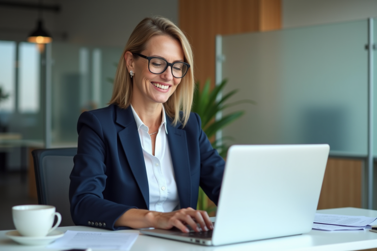 Femme d'âge moyen en blazer navy travaillant sur un ordinateur