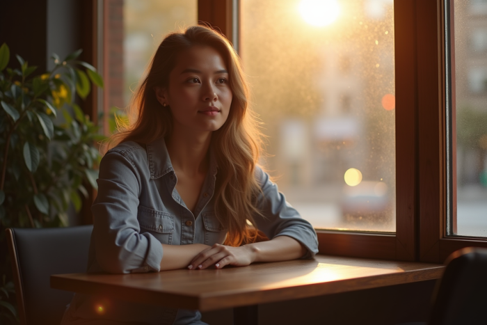 Femme assise dans un cafe lumineux et cozy