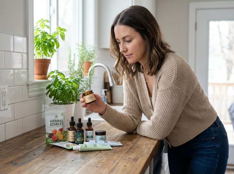 Femme examinant des produits au cannabis dans une cuisine lumineuse