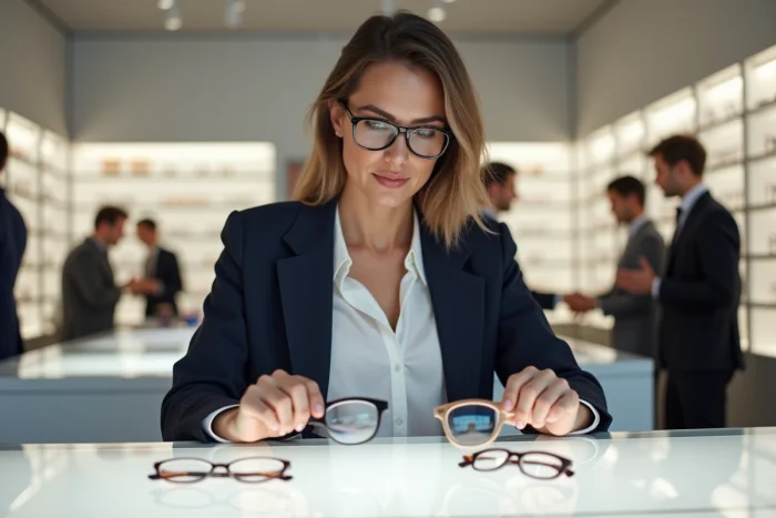 Femme comparant deux montures de lunettes dans un magasin d'optique moderne pour choisir celles qui cachent les cernes