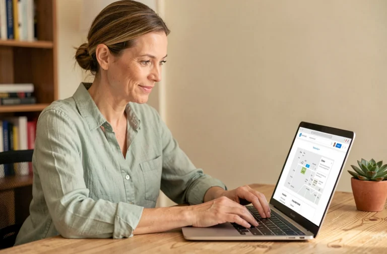 Femme consultant le plan du site d'une fleuriste en ligne sur un ordinateur portable dans un bureau à domicile