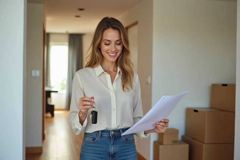 Femme tenant clés dans un appartement lumineux